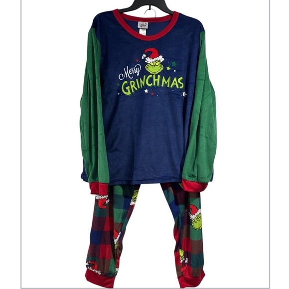 Grinch Pajamas NEW soft plush xxl polyester plaid Blue Green cozy winter set - Picture 1 of 5